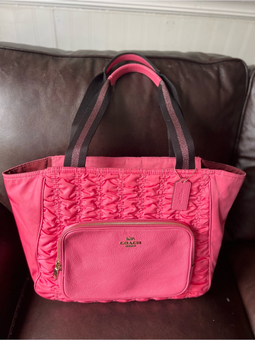 Coach Hot Pink Quilted Tote with Front Leather Zip Pocket